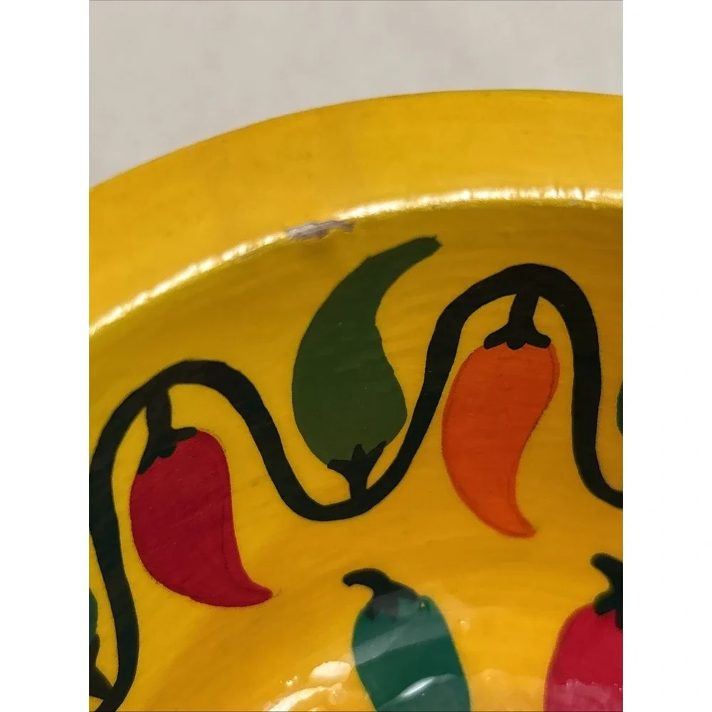 Pedro Marcos Signed Mexican Folk Art Hand Painted Wood Chili Pepper Bowl Yellow